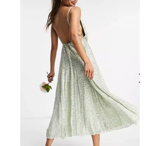 Asos Edition Embellished Cami Open Back Midi Dress Sage Green US14 NWT MSRP $297 - Picture 2 of 14